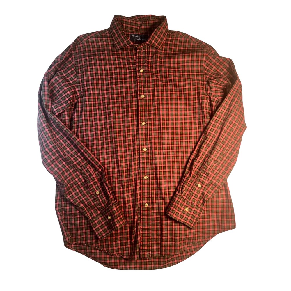 Polo Ralph Lauren Mens Plaid Button Down Shirt Red Green Long Sleeve Large